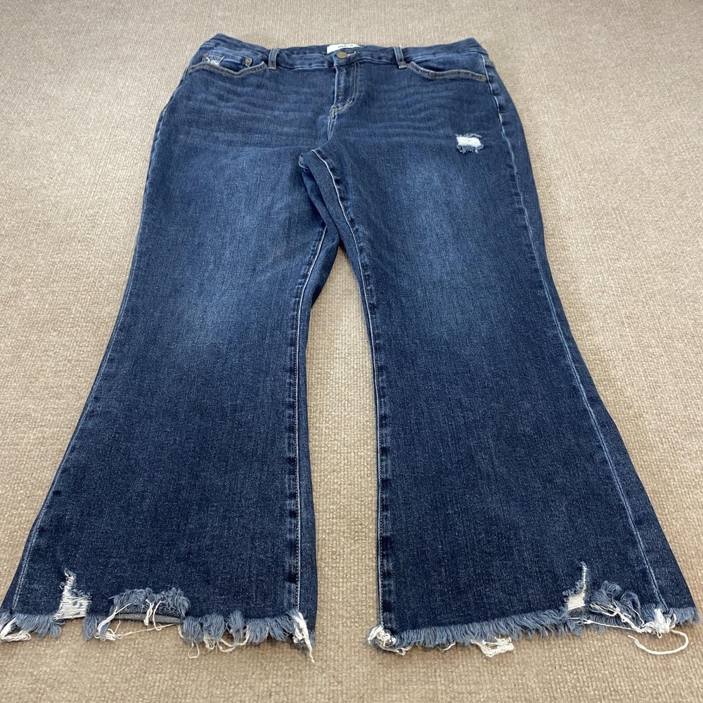 Mica Wide Leg Jeans Womens 16W Blue Med Wash High Rise Distressed Fringe Stretch